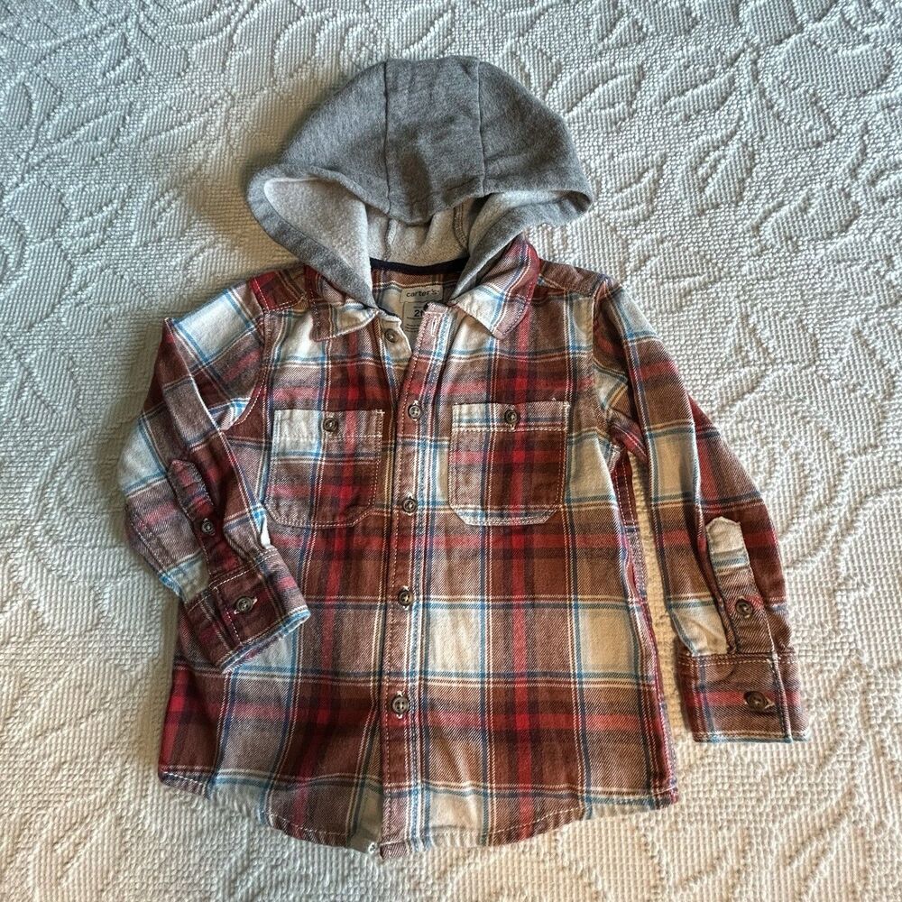 Carter's Plaid Hooded Flannel Button-up Shirt 2T Red Gray Blue Brown Long Sleeve